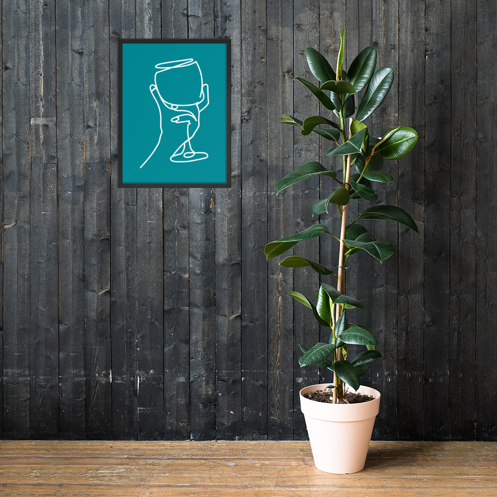 wine art print in teal with a single line graphic of a hand holding a wine glass