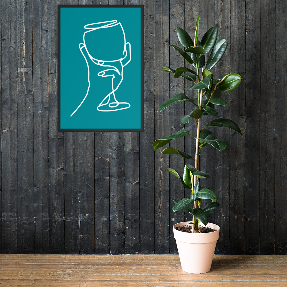 wine art print in teal with a single line graphic of a hand holding a wine glass